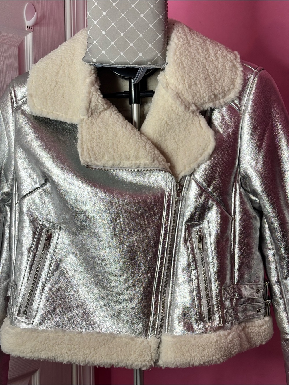 Forever 21 Metallic Silver Sherpa Moto Jacket Faux Shearling L